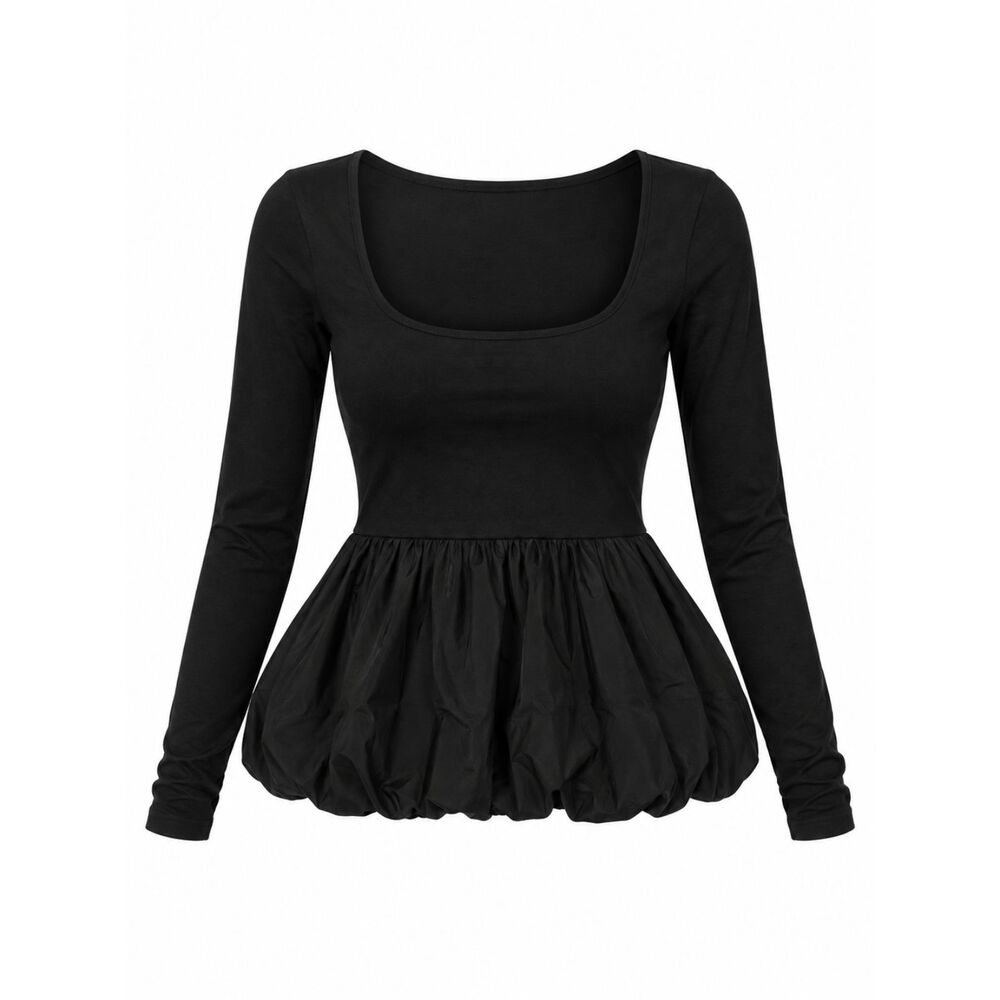 Wild Fable Black Square Neck Babydoll Peplum Top Size M Long Sleeve